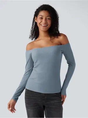 Halara Ribbed Knit Off Shoulder Long Sleeve 2-in-1 Casual Top in Dusty Blue thumbnail 1