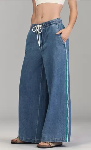 Pilcro Anthropologie The Surfer Drawstring Wide Leg Side Stripe Jean Denim S thumbnail 1