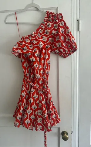 Rhode Red One-Shoulder Floral Ruffle Mini Dress with Waist Tie - NWT thumbnail 1