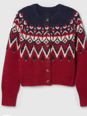 Gap Fair Isle Brushed Alpaca Wool Cardigan Sweater Medium Red Navy Blue $80 thumbnail 10