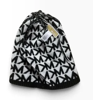 Michael Kors MK Logo Beanie Hat Black White Monogram Knit Winter Cap thumbnail 1