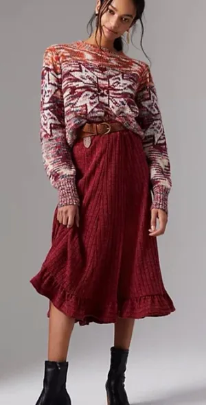 Anthropologie Pauline Midi Sweater Skirt Red Rouge Ruffled Ribbed Size XS thumbnail 1