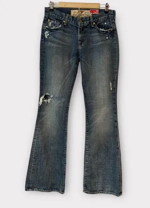 7 For All Mankind boot cut distressed bejeweled denim jeans Excellent Like New! thumbnail 1