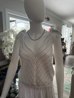 4OUR DREAMERS White Pinstripe Linen-Blend Tie-Shoulder Jumpsuit thumbnail 4