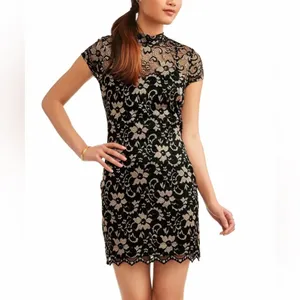 No Boundaries Y2K Black Gold Lace Dress Sheer Overlay M Whimsigoth Vampy Clubwear Party thumbnail 4