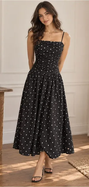 Trixxi Los Angeles Black White Polka Dot Ruched Drop Waist Midi Dress S thumbnail 1