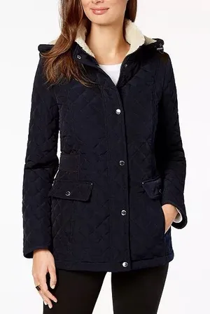 Laundry by‎ Shelli Segal Fleece-Lined Hooded Coat Navy Blue Quilted Sz L thumbnail 1