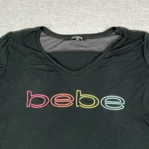 Bebe Sport T-Shirt Womens M Black V-Neck Short Sleeve Sheer Jersey Logo Top thumbnail 2