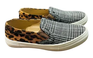Mata Slip On Sneakers Womens 7.5 Plaid‎ Leopard Print Mixed Media Low Top Shoes thumbnail 1