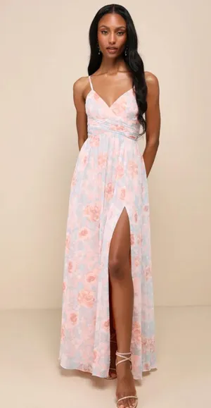 Lulus Exceptional Sweetness Peach Floral Chiffon Pleated Maxi Dress Size XL thumbnail 1