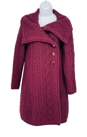 Aran Sweater Knit Merino Wool Burgundy Duster‎ Cardigan Sweater Size S Fisherman thumbnail 1