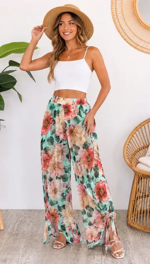 Brick Built S/M Floral Wide Leg Tie Hem Pants Lined Resort Vacation thumbnail 1