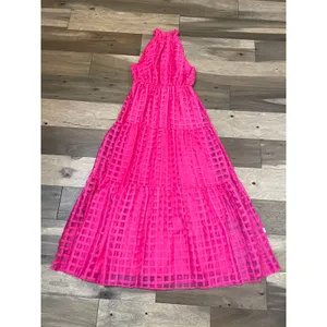 ChicWish Pink Dress with Solid & Sheer Checkered Overlay Halter Ruffle Neck Sz M thumbnail 5
