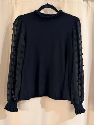 Adrianna Papell Black Ruffle Neck Puff-Sleeve Sweater Top thumbnail 1