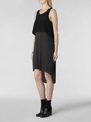 AllSaints Eubik High Low Overlay Shift Dress Size 10 Black Charcoal thumbnail 2