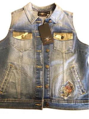 Harley Davidson Vintage Stud Denim Vest Size M Blue Camo NWT thumbnail 1