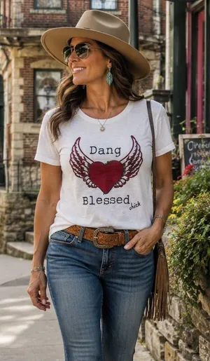 Dang Chicks Dang Blessed Chick White Slub Knit Heart Wings Graphic Tee Large NEW thumbnail 1