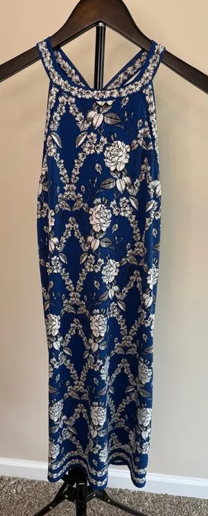 Max Studio Halter Neck Blue White Floral Print Midi Dress XS thumbnail 1