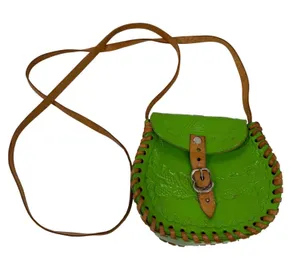 Vintage Mexican Tooled Leather Crossbody Bag Lime Green Whipstitch Boho Mini thumbnail 1