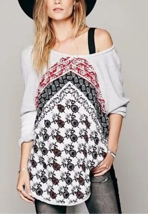 Free People Del Ray Pullover Terry Tunic Top EUC Small. Stretchy and very oversized. Beautiful boho bandana pattern. Raw hems. Split sides. 22.5” bust 28” at longest point thumbnail 1