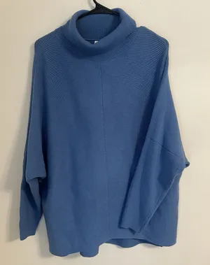 Women's Blue Ribbed Knit Poncho Sweater Cowl Neck Oversized Dolman Sleeve XS‎ thumbnail 1