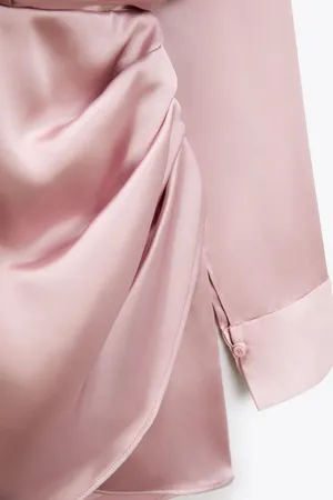 mini dress satin effect drapped long sleeve pink party wedding coctail thumbnail 6