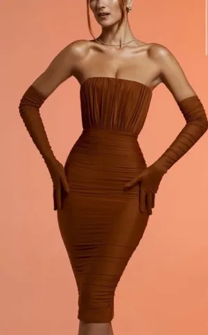 OH POLLY Cari Strapless Ruched Midi Midaxi Dress Copper Brown Size 4 NEW thumbnail 1