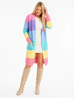 ZESICA XL Pastel Rainbow Colorblock Long Open Front Knit Cardigan Pockets thumbnail 4