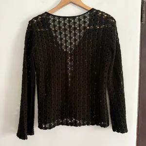 Fresh Wear Dark Olive Green Open Knit Velvet Trim Tie Bell Sleeve Cardigan thumbnail 2
