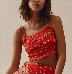 Women’s Free People Kaia Red Floral Smocked Crop Top Size S thumbnail 1