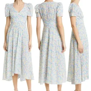 NWT‎ LOVESHACKFANCY Hutchinson Floral Midi Dress Rainbow Blast blue pink v neck thumbnail 2