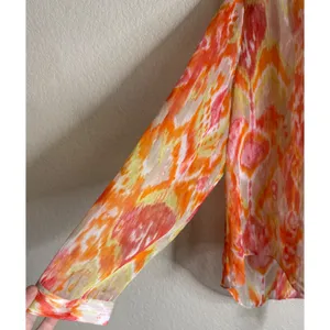 Chicos 3 US XL Womens Blouse Orange Ikat Sequin Neck Front Tie Long‎ Sleeve Top thumbnail 6