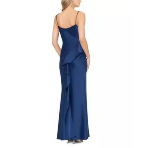 Aqua Formal Women’s Ruffle Maxi Dress Blue Satin Size 8 Bias Cut Homecoming HoCo thumbnail 3
