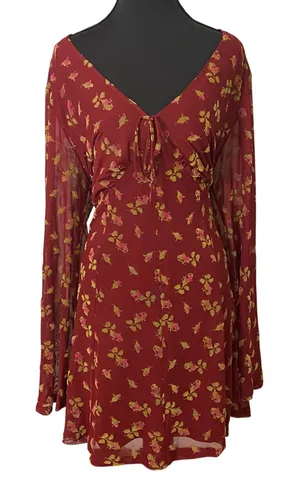 Betsey Johnson XXL Babydoll Burgundy Floral Bell Sleeve Mesh Mini Dress Boho Y2K thumbnail 1