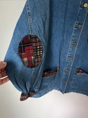 Vintage Zana Di 90s plaid trim denim barn jacket 🔷 thumbnail 3