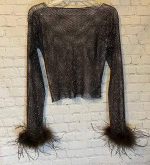 Dark brown & bronze mesh top with feather cuffs, M Size M thumbnail 3