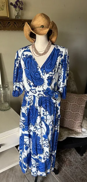 White closet elements white blue boho cottage paisley wrap Midi dress L thumbnail 1