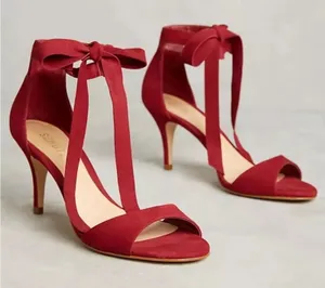Anthropologie Schutz Tilan Red Suede Ankle Tie Stiletto Heels Women's Size 9 thumbnail 1