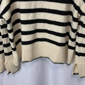 Unbranded Women’s Collared Polo Sweater Cream & Navy Stripe 2XL Nautical Boho thumbnail 6