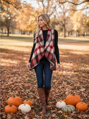 Plaid Waterfall Open Front Wool Polyester Vest New Size L Vibrant Autumn Vibe! thumbnail 11