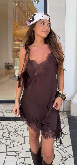 Zara Elegant Brown Lace Slip Satin Mini Asymmetric Dress blogger favorite thumbnail 1