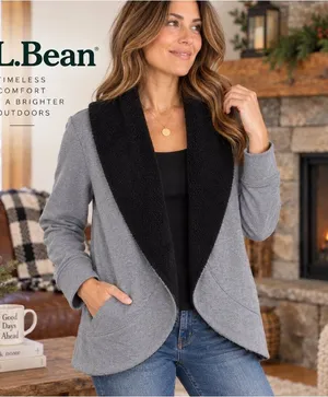 LL Bean Cardigan Jacket Womens M Gray Black Fleece Shawl Collar Open Front thumbnail 1