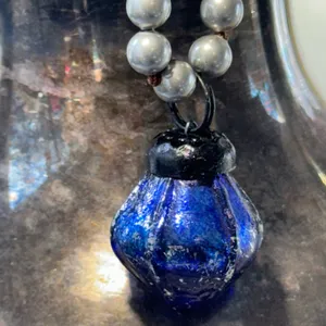 Artisan Handknotted Silver Necklace with Blue Vintage Ornament Pendant thumbnail 6