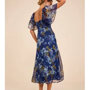 NEW Lulus Valla Navy Blue Sweet Floral Flutter Sleeve A-Line Midi Dress XXL thumbnail 3