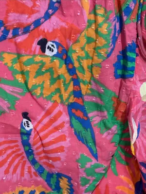 FARM Rio Coral Mixed Graphic Macaws Puff Sleeve Ruffle Hem Midi Wrap Dress XS thumbnail 12