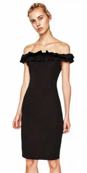 Zara Black One-Shoulder Ruffle Sheath Dress thumbnail 1