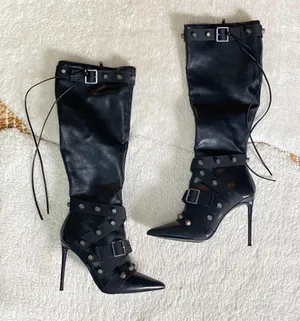 Steve Madden Fink Black Faux Leather Strappy Studded Knee High Boots thumbnail 1