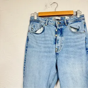 Zara Blue High Rise Straight Leg Jeans Womens 6 Slit at Ankle Button Fly Light thumbnail 5