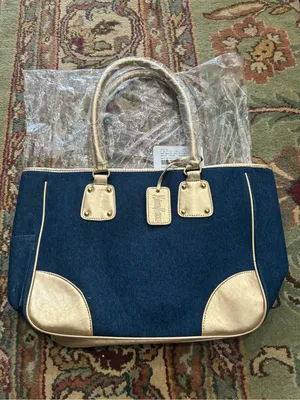 Neiman Marcus Denim Medium Tote Hand Bag Blue and Gold Women’s NWT thumbnail 2