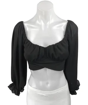Hello Molly Women's Black 3/4 Puff Sleeve Wrap Tie Back Crop Blouse Top Size XS thumbnail 1